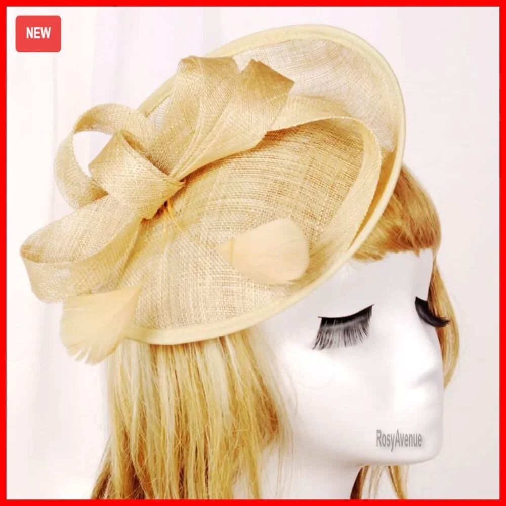 Handmade Linen Derby Fascinator Hat with Bow Feather Clip for Women
